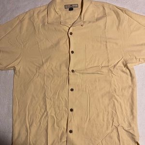 Men's Tommy Bahama Sz M Medium Hawaiian 100% Silk Khaki Beige Shirt Short Sleeve